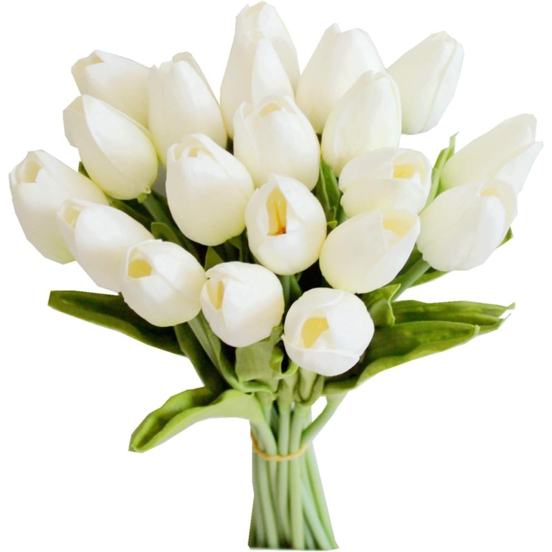 20pcs White Flowers Artificial Tulip Silk Fake Flowers 13.5" for Mother's Day Easter Valentine’s Day Gifts in Bulk Home Kitchen Wedding Decorations